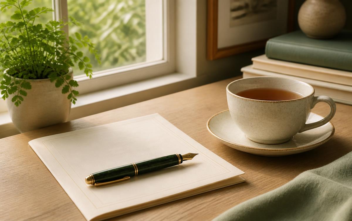 A pen resting on a document beside a cup of tea